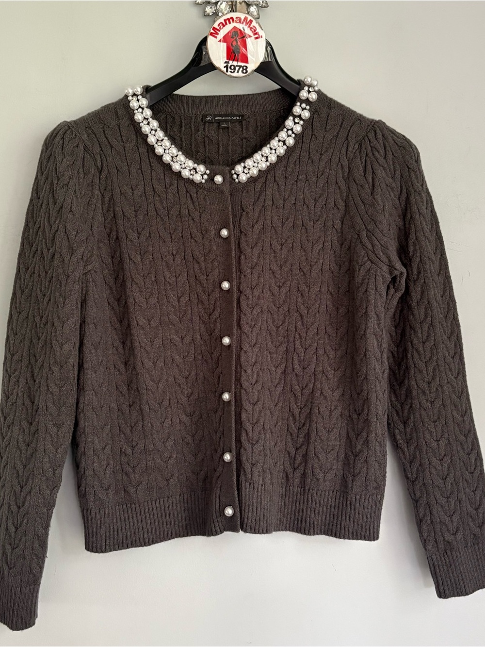 Adrianna Papell Pearl-Trim Cable Knit Cardigan Sweater Charcoal Gray